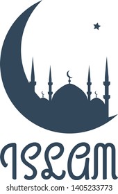 Islamic logo. Muslim mosque, moon and star in the sky. A Lettering Islam. Round Arabic icon.