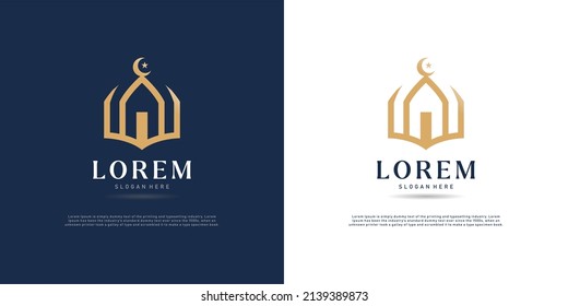 Islamic logo template, Ribbon islamic dome palace logo design template. Luxury gold tower, dome, mosque logo ideas. inspiration logo design. template vector illustration. 