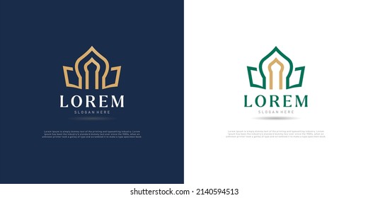 Islamic logo template, Ribbon islamic dome palace logo design template. Luxury gold tower, dome, mosque logo ideas. inspiration logo design. template vector illustration. 