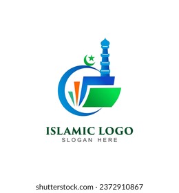 Islamic logo vector template, consisting of a book, a mosque tower and a star moon