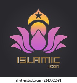 Islamic Luxury Logo icon 2023 concept of Nelumbo nucifera islamic beauty in the shape of Lotus flower and sun with light of worship