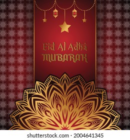 Islamic luxury mandala with hanging lanterns, stars for eid mubarak greetings, eid mubarak social media post design template
