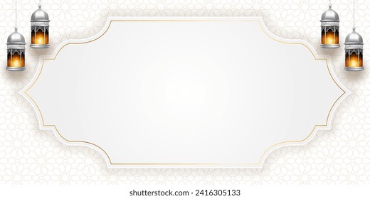 Islamic luxury white ramadan kareem eid mubarak arabic golden banner text box frame background banner design illustration. Translation. "Muslim fasting month and celebration day after fasting."