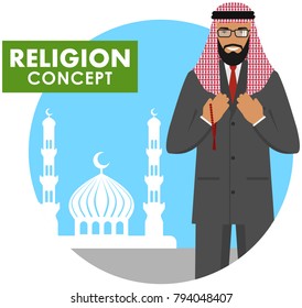 Islamic man with beads in hands pray. Muslim person standing on the background silhouette of mosque and minarets. Vector illustration.
