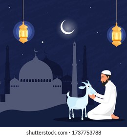 Islamic Man Praying Before Qurbani (Sacrifice) of Goat in Front of Mosque with Crescent Moon and Hanging Illuminated Lanterns on Blue Grunge Background.