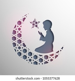 An Islamic man praying (offering namaz), moon and star design on grey background.