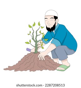 Islamic man really loves the earth by planting reforestation plants. vector design illustration art