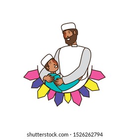 islamic man with son with garlands vector illustration design