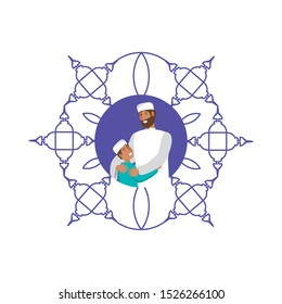 islamic man with son in mandala vector illustration design