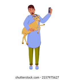 Islamic Man Taking Selfie With Goat On White Background.