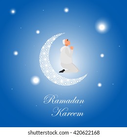Islamic man in a white robe praying at night in cartoon style flat isolated on white background