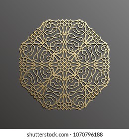 Islamic mandala 3d gold background on dark round ornament. Architecture muslim texture . Brochures invitation ,persian motif design.