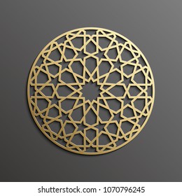 Mandala islámica 3d fondo dorado sobre adorno redondo oscuro. Arquitectura textura musulmana. Folletos invitación, diseño de motivos persas.