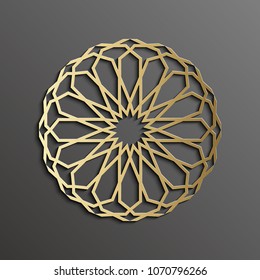 Islamic mandala 3d gold background on dark round ornament. Architecture muslim texture . Brochures invitation ,persian motif design.