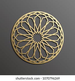 Islamic mandala 3d gold background on dark round ornament. Architecture muslim texture . Brochures invitation ,persian motif design.