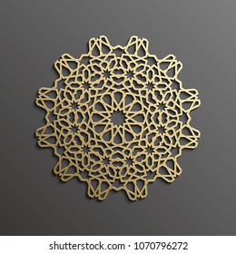 Islamic mandala 3d gold background on dark round ornament. Architecture muslim texture . Brochures invitation ,persian motif design.