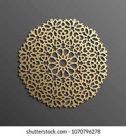 Islamic mandala 3d gold background on dark round ornament. Architecture muslim texture . Brochures invitation ,persian motif design.