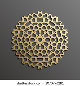 Islamic mandala 3d gold background on dark round ornament. Architecture muslim texture . Brochures invitation ,persian motif design.