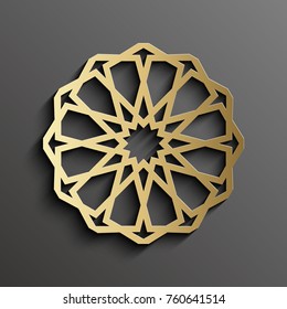 Islamic mandala 3d gold background on dark round ornament. Architecture muslim texture . Brochures invitation ,persian motif design.