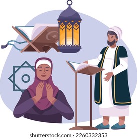 islamic mecca madinah mosque with namaz children and peoples character illustration vectors