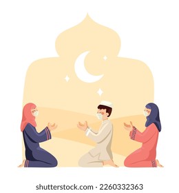 islamic mecca madinah mosque with namaz children and peoples character illustration vectors