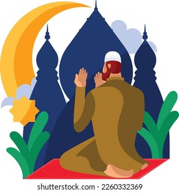 islamic mecca madinah mosque with namaz children and peoples character illustration vectors