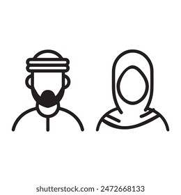 Islamic men and women icon character outline. Arabic vector design.