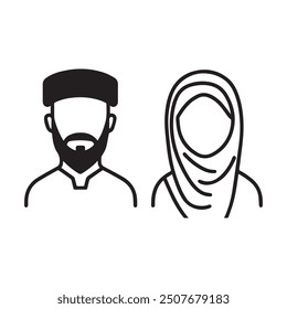 Islamic men and women icon character outline. Arabic vector design.