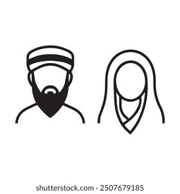 Islamic men and women icon character outline. Arabic vector design.
