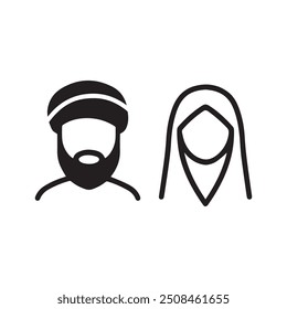 Islamic men and women icon character outline. Arabic vector design.