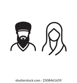 Islamic men and women icon character outline. Arabic vector design.