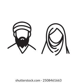 Esbozo de personaje de icono islámico de hombres y mujeres. Diseño de Vector árabe.
