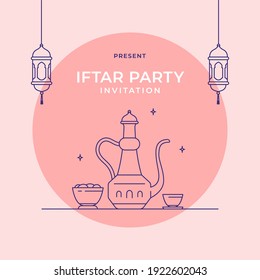 Islamic middle east meal feast with lantern lamp monoline vector illustration for iftar party ramadan break fasting template design