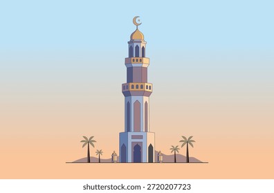 Minarete islâmico torre vetor ilustração com lua crescente no deserto pôr do sol cenário .Arquitetura árabe minarete edifício plano vetor projeto. Paisagem do Ramadã com palmeiras e mesquita tradicional em ambiente desértico pacífico.