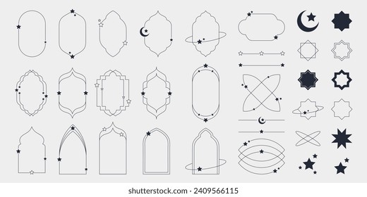 Islamic modern minimalist aesthetic linear set elements. Arch frames with stars and crescent. Lineart geometric shapes. Boho line art vector illustration for social media, poster