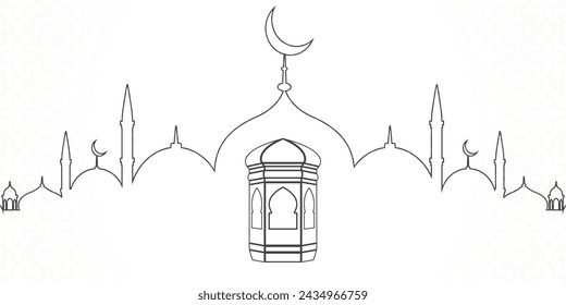 Islamic month Ramadan Kareem background with islamic lantern and line art mosque Suitable for Ramadan Kareem , Hari Raya, Eid Mubarak, Eid al Adha.