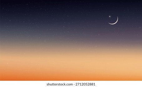 Lua Islâmica e Estrela no Céu Azul Escuro,Vetor Crepúsculo Céu entardecer na noite com Pôr do Sol e Lua Crescente Bonita,Símbolo de religião islâmico começar mês do Ramadã,Eid al-Adha,Eid al fitr
