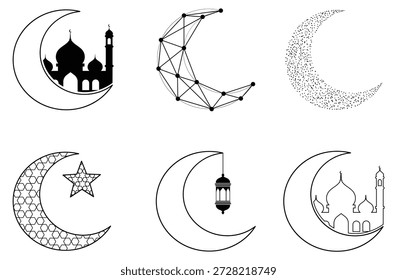 Conjunto de iconos de Vector islámico de luna y estrella; Diversos Diseños en media luna con intrincados contornos de mezquita, líneas de Constellation de estrellas y motivos tradicionales de lámpara colgante.