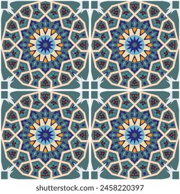 Islamisches Mosaik Keramikfliesenmuster.  Design mit geometrischen und Blumenornament auf grünem Hintergrund. Dieses Design eignet sich perfekt, um dekorative Fliesen, Fußboden, Kissenbezug und Bildschirmhintergrund zu dekorieren.