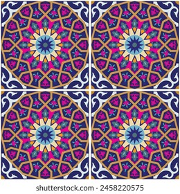 Islamisches Mosaik Keramikfliesenmuster.  Design mit geometrischen und Blumenornament auf blauem Hintergrund. Dieses Design eignet sich perfekt für das Hinzufügen von Mustern zu dekorativen Fliesen, Fußboden, Kissenbezug und Bildschirmhintergrund.