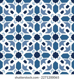 Islamic mosaic design. Moroccan star shaped floral arabesque, elegant tile pattern for Ramadan Kareem holiday. Blue  Portuguese azulejo. Decorative vector illustration background, fabric design.