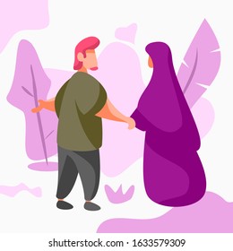Islamic moslem couple flat illustration.  Muslim wedding art or wedding invitation  Muslim couple flat cartoon vector