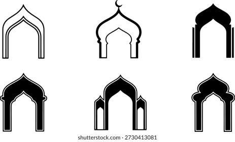 Conjunto de iconos de arco y puerta de mezquita islámica. Colección de diferentes siluetas de mihrab árabe y marcos de pasarela orientales. Ilustración vectorial para los Elementos de diseño Ramadán Kareem y Eid Mubarak.