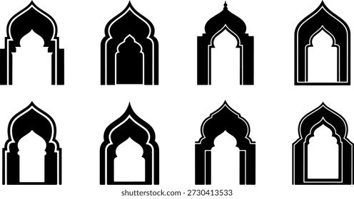 Islamic mosque arch and door icon set. Collection of different Arabic mihrab silhouettes and oriental gateway frames. Vector illustration for Ramadan Kareem and Eid Mubarak design elements.