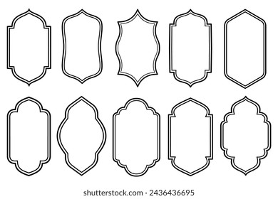 Islamic Mosque arch windows Frame Line art in oriental style. Arabic Border and frame with modern boho design template good for Eid Mubarak and ramadan kareem ornament vector illustration