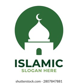 Islamic mosque architecture with crescent moon on green circle background
