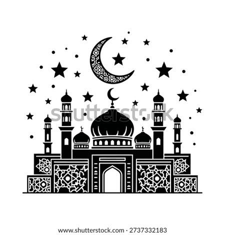 Islamic mosque architecture with crescent moon and stars at night ramadan symbol