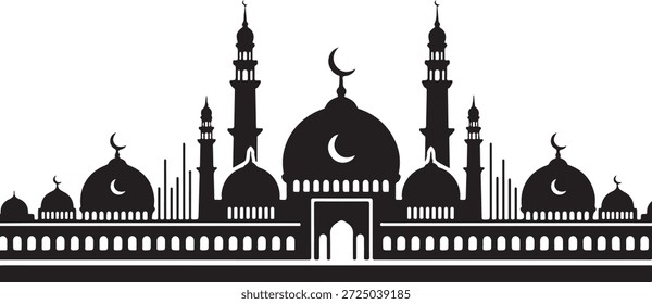 Silueta islámica de la arquitectura de la mezquita con las cúpulas y los minaretes en edificio blanco del fondo