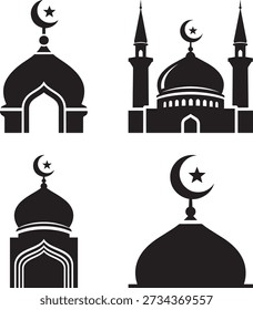 Silhuetas de arquitetura de mesquitas islâmicas com cúpulas, minaretes e luas crescentes símbolos religiosos