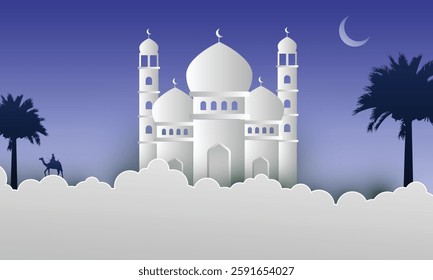 Islamic Mosque Background with Crescent Moon and Palm Trees for Ramadan and Eid